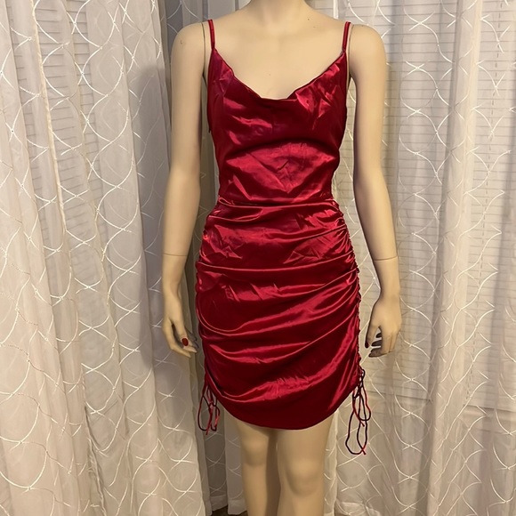 Dresses & Skirts - Red Satin Ruched Hem Sleeveless Dress
